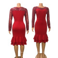 Red Bodycon O Neck Sequined Long Sleeves Sexy Ruffled Women Prom Dress